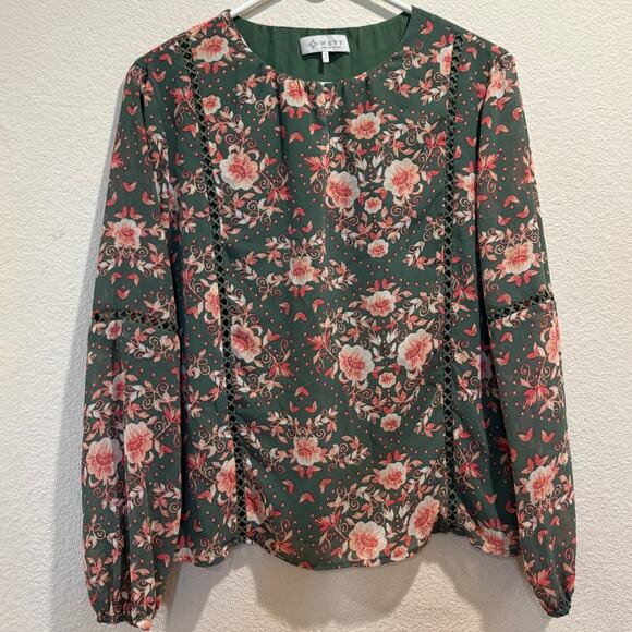 Wayf Green Pink Floral Cutout Long Sleeve Peasant Blouse Size S - Picture 1 of 5
